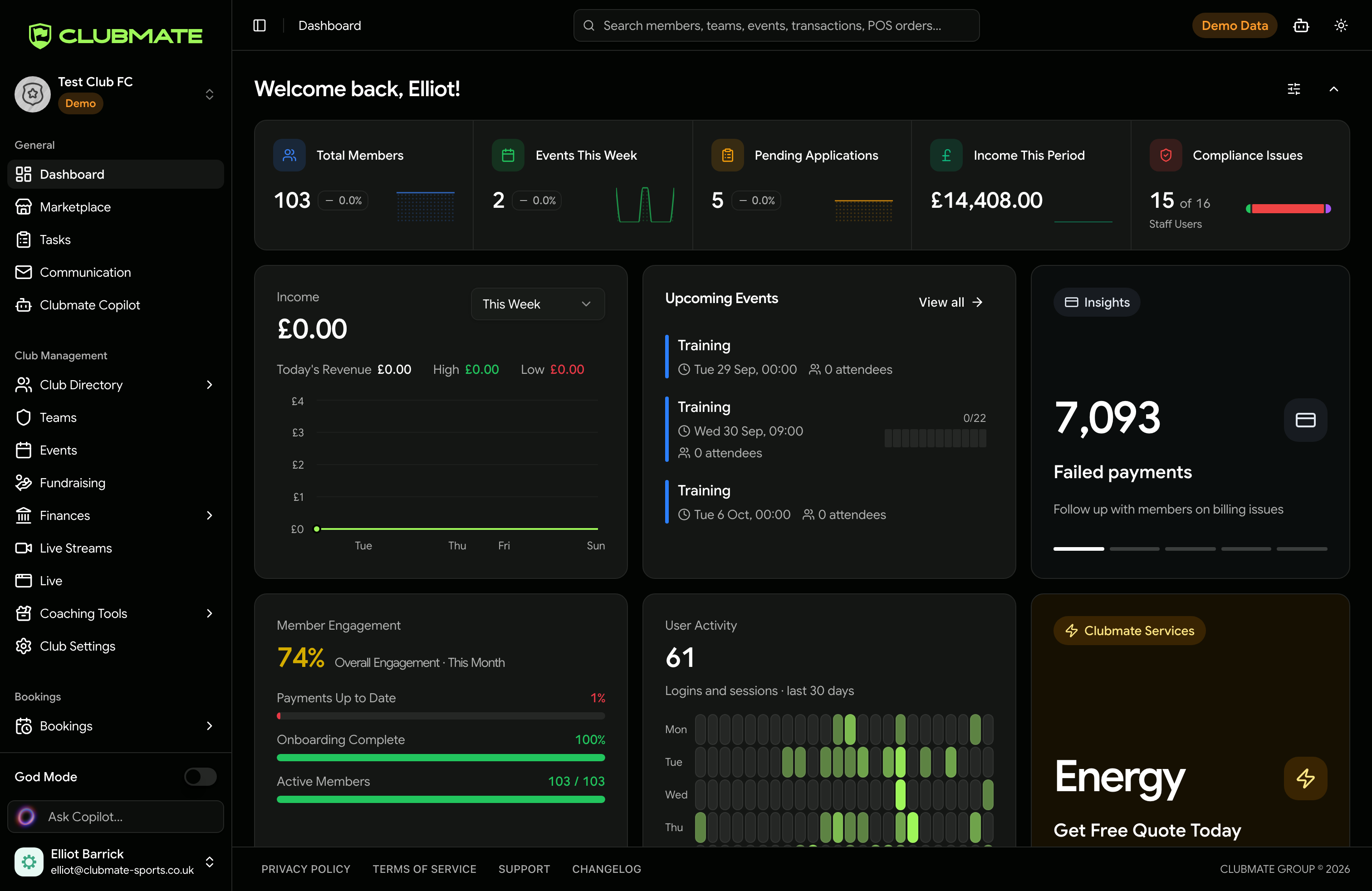 Clubmate club dashboard with members, events, income, and upcoming sessions